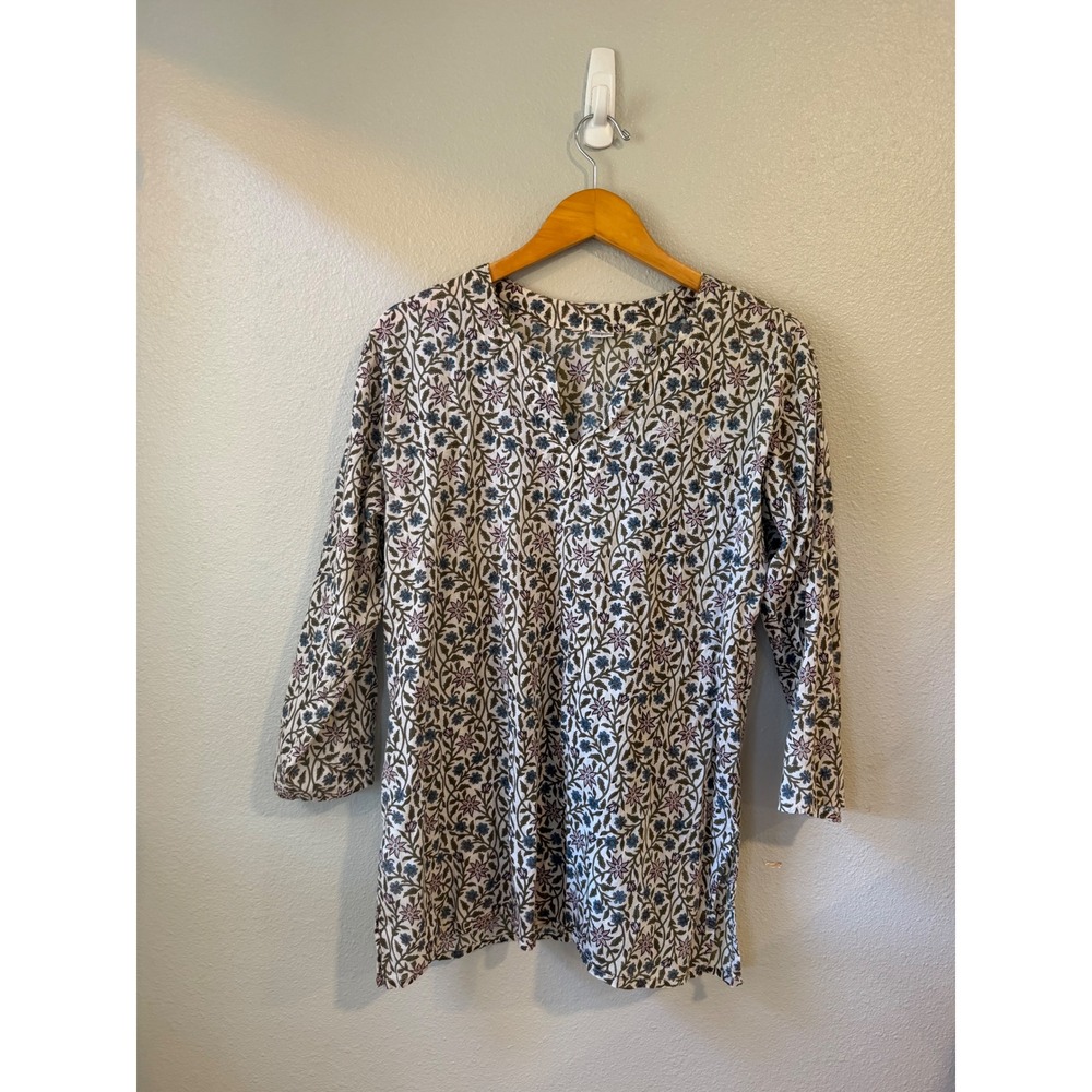 Tunic Top Women Large Floral Block Print Blue White Cotton India Boho